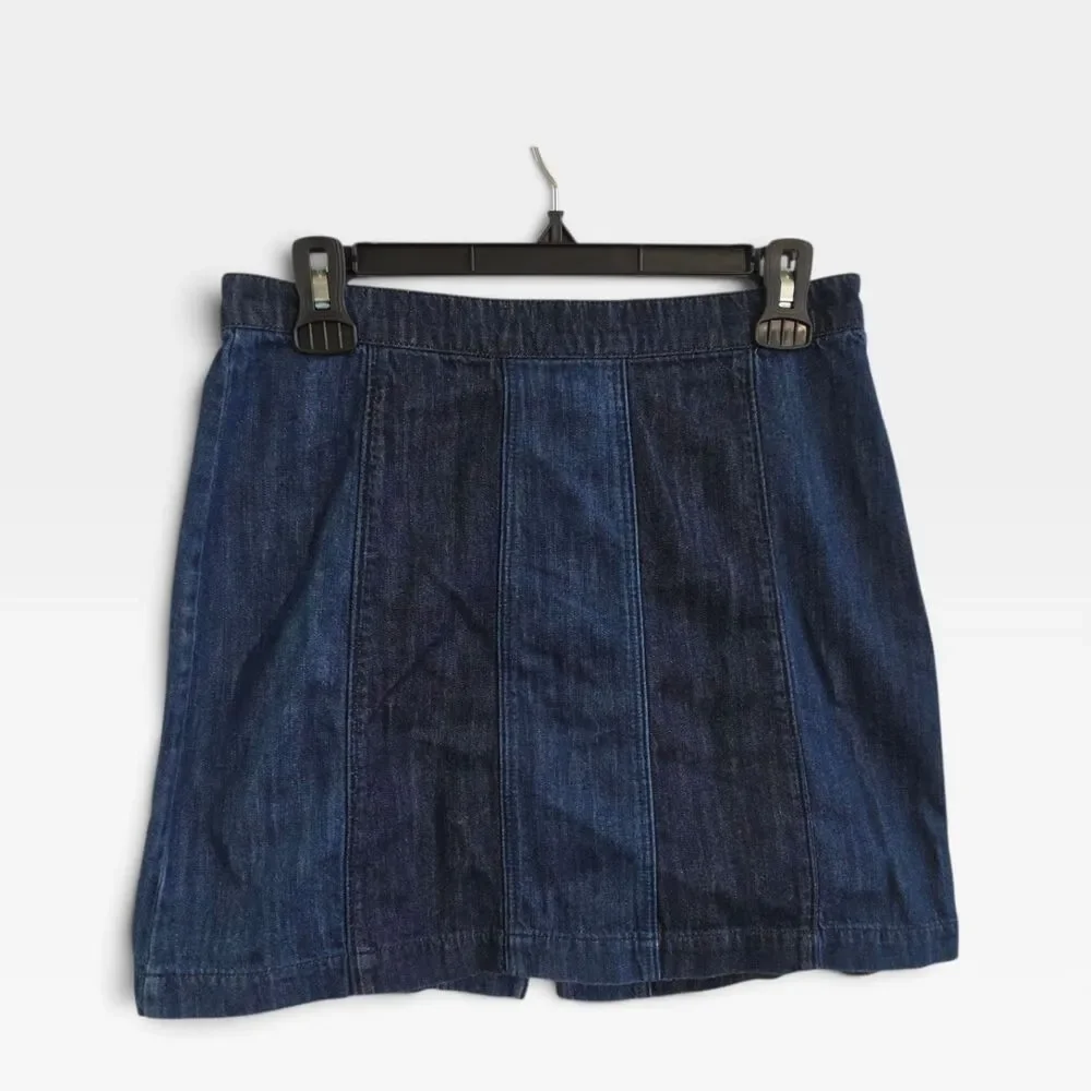 H&M Dark Wash Denim Zip Front Mini Skirt Ring Pull Paneled A-Line Size 10